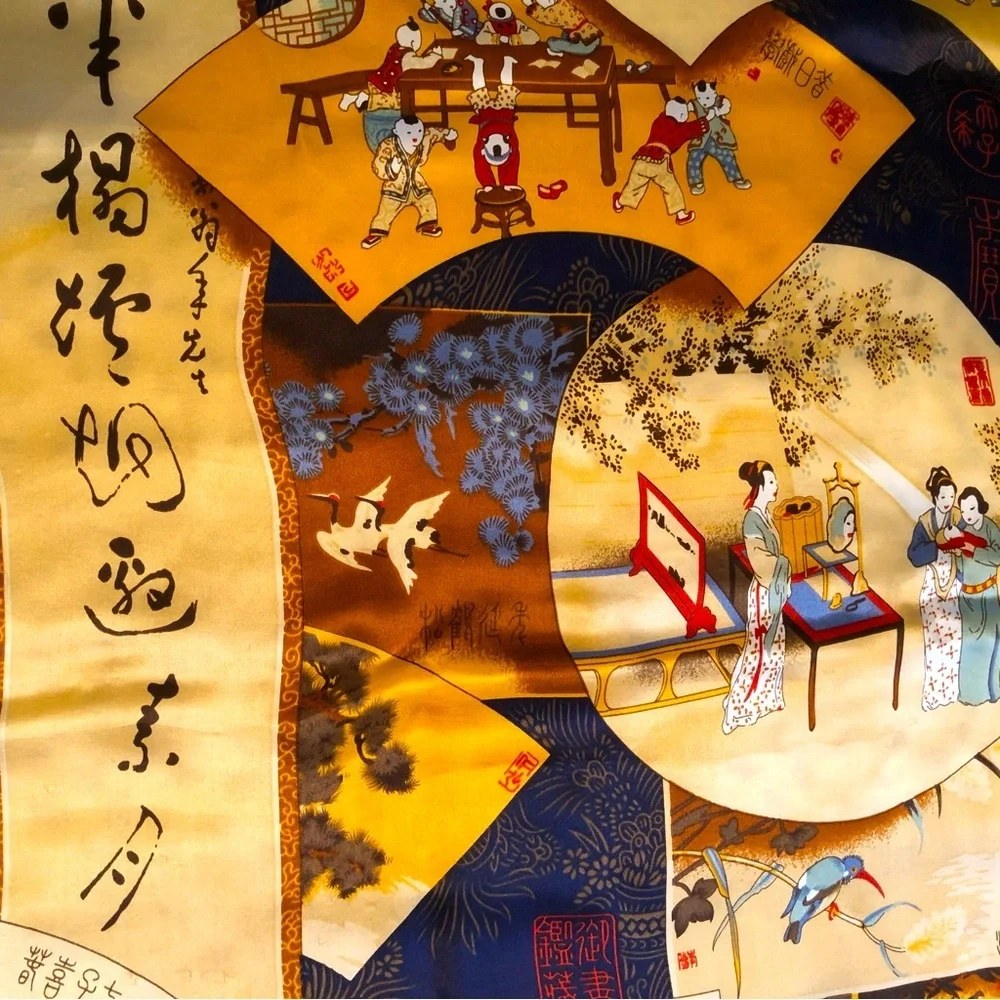 Vintage Chinese Japanese Silk Wrap Scarf Shawl - 40” Gold Blue Red Cream Brown